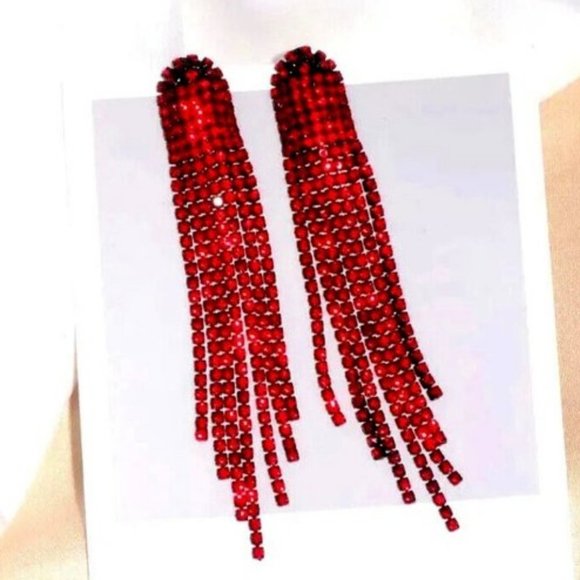 Red Earrings Drop Silver Crystal Chandelier Fringe Statement Prom Dress Earrings - Picture 1 of 1
